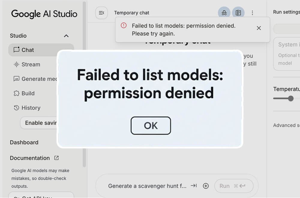 解决Google AI Studio出现地区限制“Failed to list models: permission denied”的完整指南